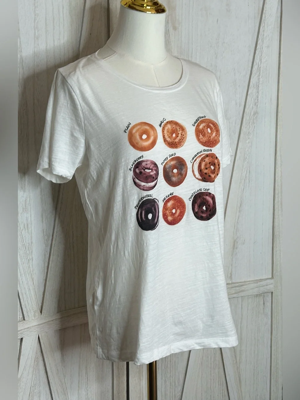 J. Crew Quirky Preppy White Collector Tee Bagel Graphic Sz M Whimsical Foodie